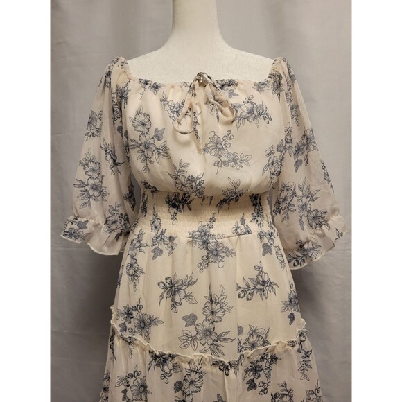 Cottagecore Floral Chiffon Dress Womens Large Off Shoulder Puff Sleeve Ruffles - Picture 2 of 11